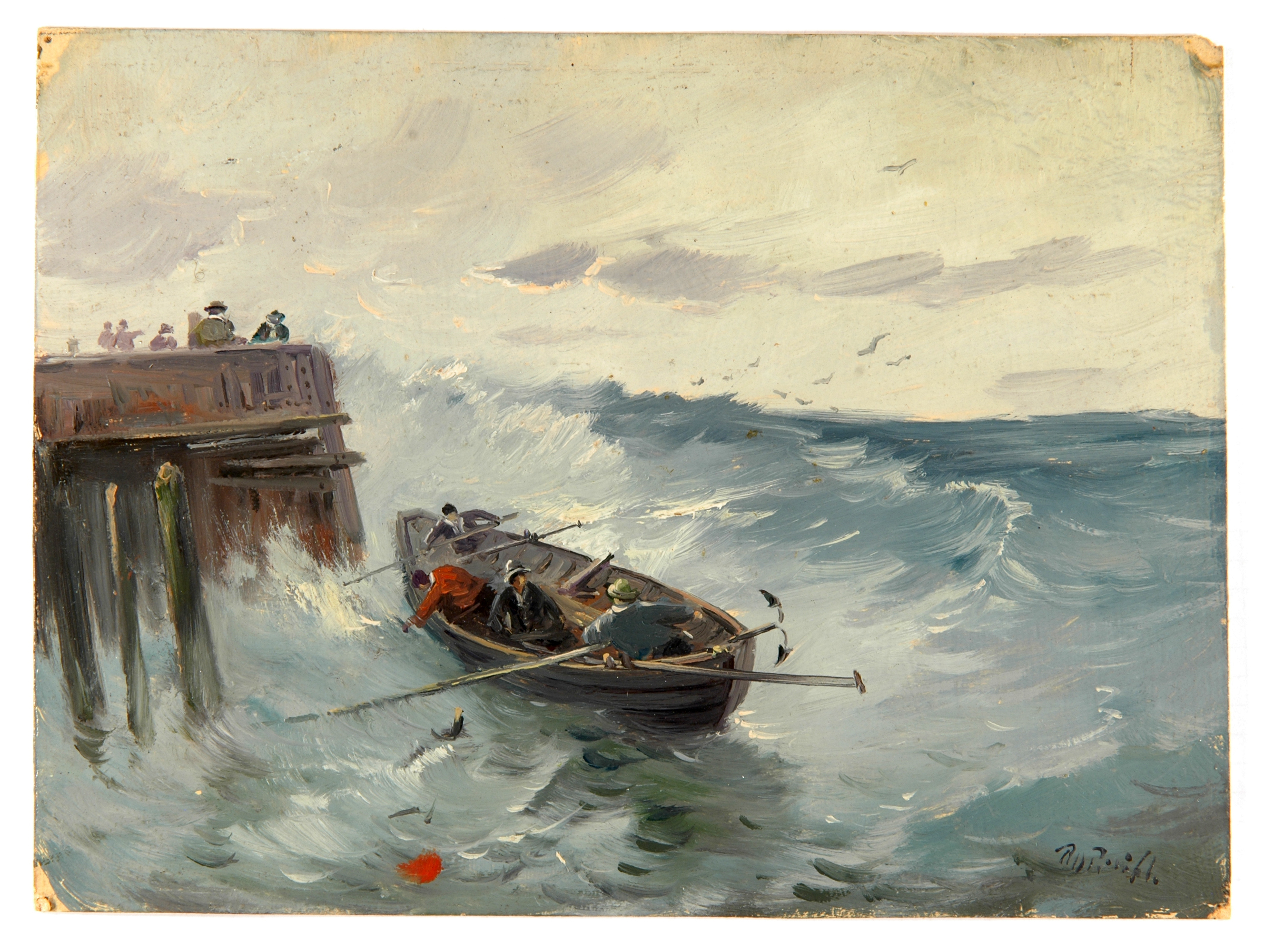 Rupert D. Preißl: Fischerboot an bewegtem Strand, 1950er Jahre